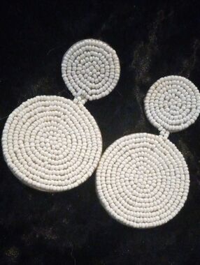 White Beaded Double Circle Drop Earrings - Women Jewelry